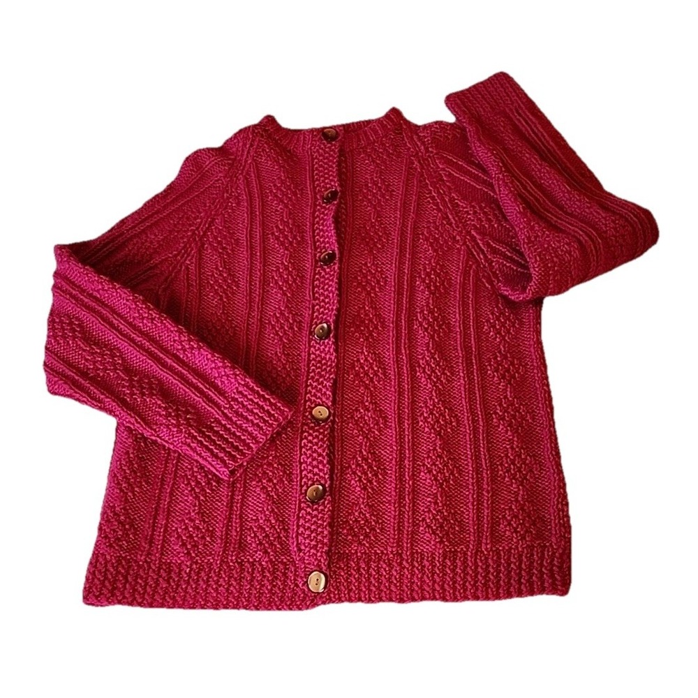 Womens‎ Fisherman Cable Knit Cardigan Sz M Hand Knit Pink Cottage Retro Sweater